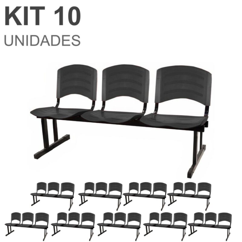 Kit 10 Cadeiras Longarinas PLÁSTICA 03 Lugares – Cor PRETO 33039 ROMÃO CADEIRAS