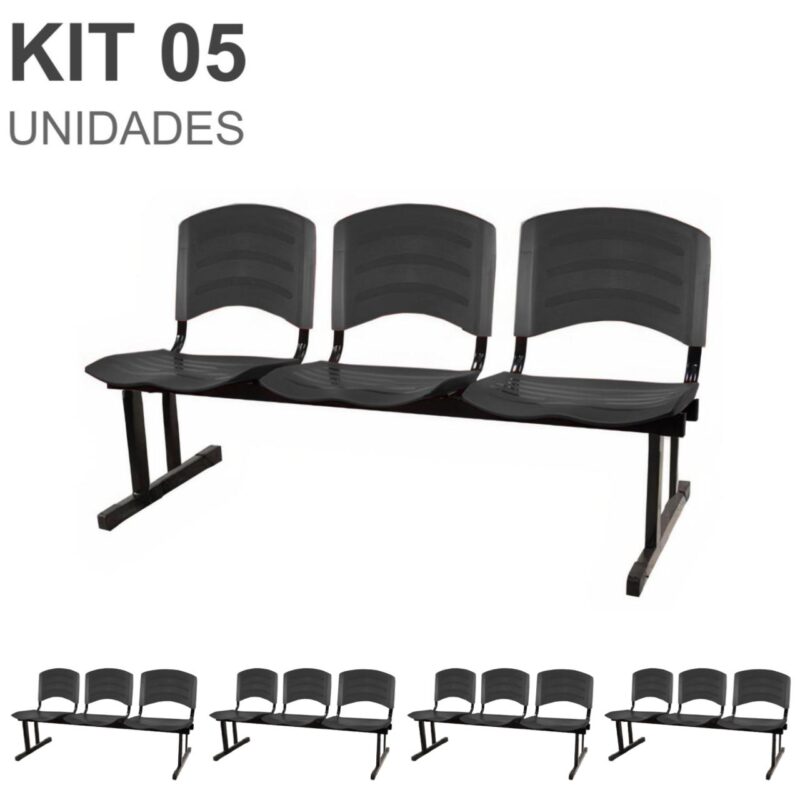 Kit 05 Cadeiras Longarinas PLÁSTICA 03 Lugares – Cor PRETO 33034 ROMÃO CADEIRAS