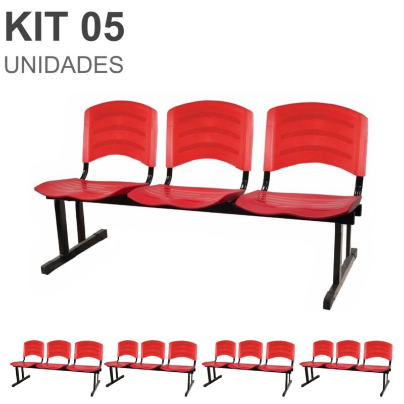 Kit 05 Cadeiras Longarinas PLÁSTICAS 03 Lugares – Cor Vermelho 33043 ROMÃO CADEIRAS