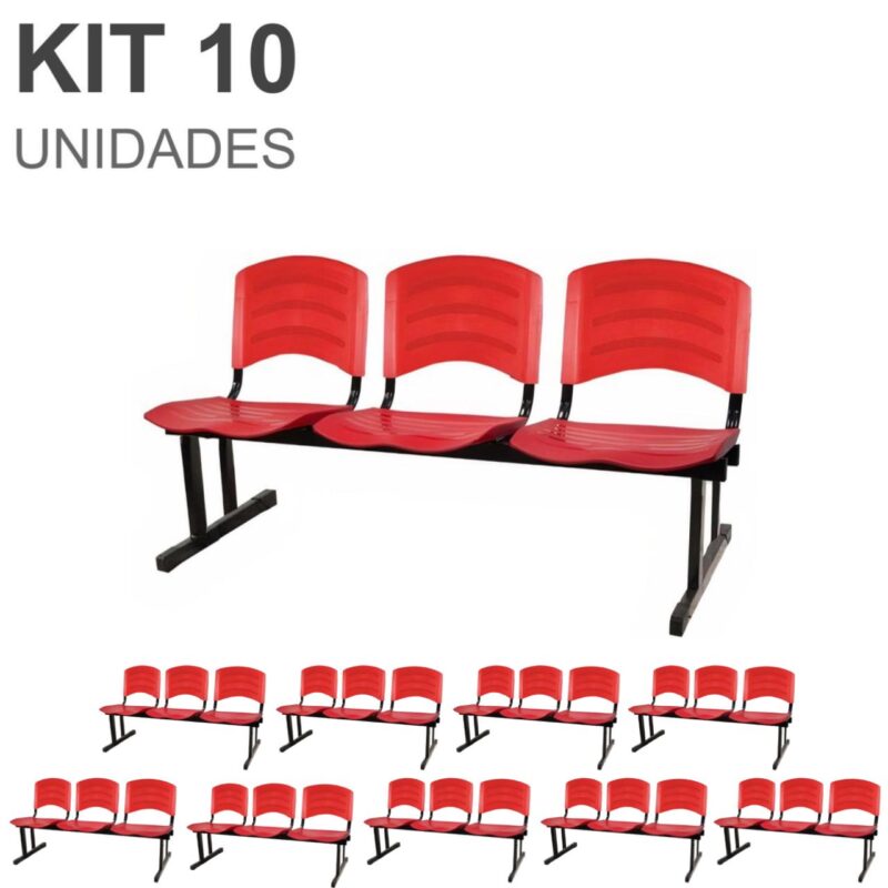 Kit 10 Cadeiras Longarinas PLÁSTICAS 03 Lugares – Cor Vermelho 33048 ROMÃO CADEIRAS