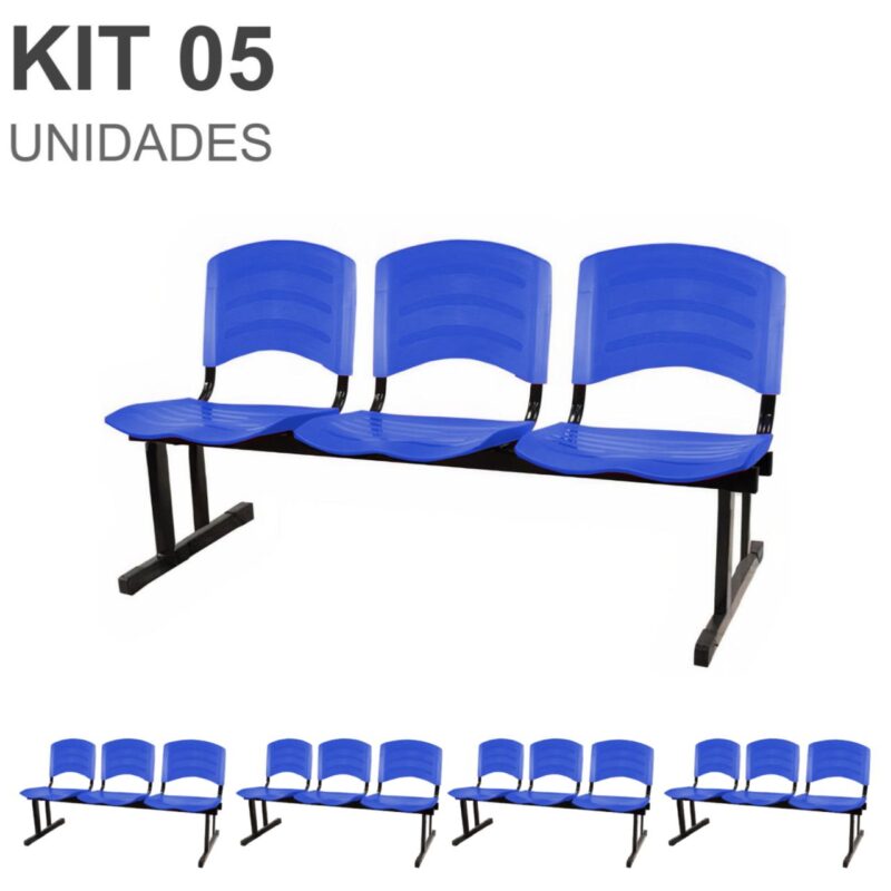 Kit 05 Cadeiras Longarinas PLÁSTICAS 03 Lugares – Cor Azul 33052 ROMÃO CADEIRAS