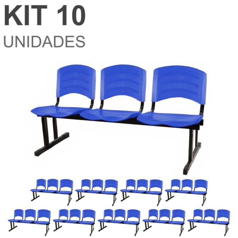 Kit 10 Cadeiras Longarinas PLÁSTICAS 03 Lugares – Cor Azul 33057 ROMÃO CADEIRAS