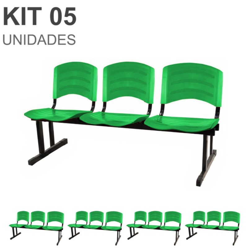 Kit 05 Cadeiras Longarinas PLÁSTICAS 03 Lugares – Cor Verde 33061 ROMÃO CADEIRAS