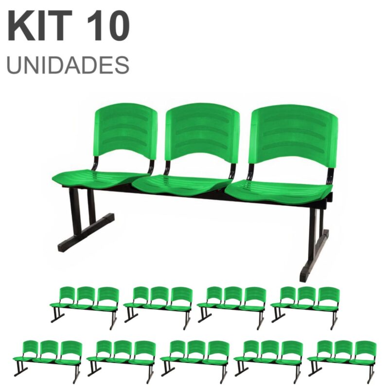 Kit 10 Cadeiras Longarinas PLÁSTICAS 03 Lugares – Cor Verde 33066 ROMÃO CADEIRAS