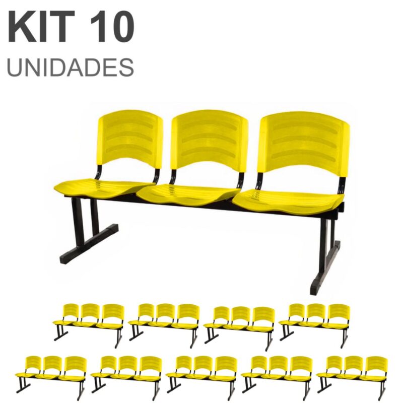 Kit 10 Cadeiras Longarinas PLÁSTICAS 03 Lugares – Cor Amarelo 33085 ROMÃO CADEIRAS